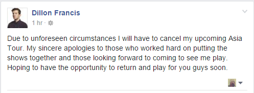 Dillon Francis cancels Asia Tour